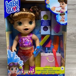 Baby Alive Sunshine Snacks Summer Themed Waterplay Doll & Accessories Brown Hair